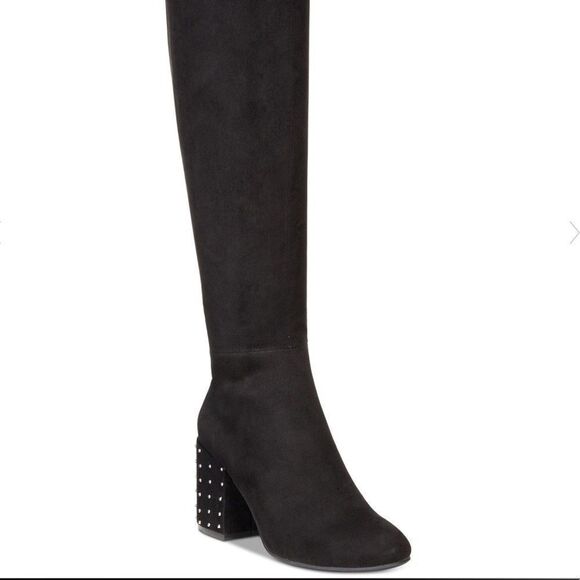 Black Micro Suede Wrap Rivets Block Heel Calf Tall Knee Boots NEW - Picture 3 of 4